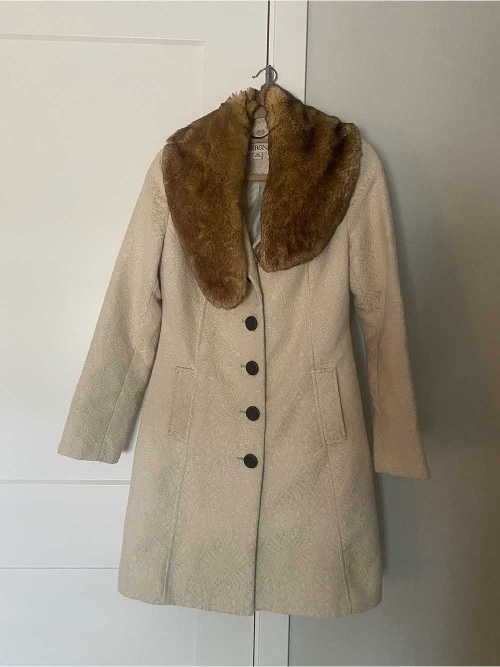 Merona Cream Pea Coat w/detachable Brown Faux Fur Collar